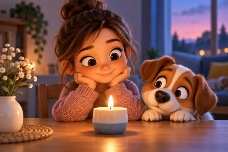 A small candle flame glows on an uncluttered table.