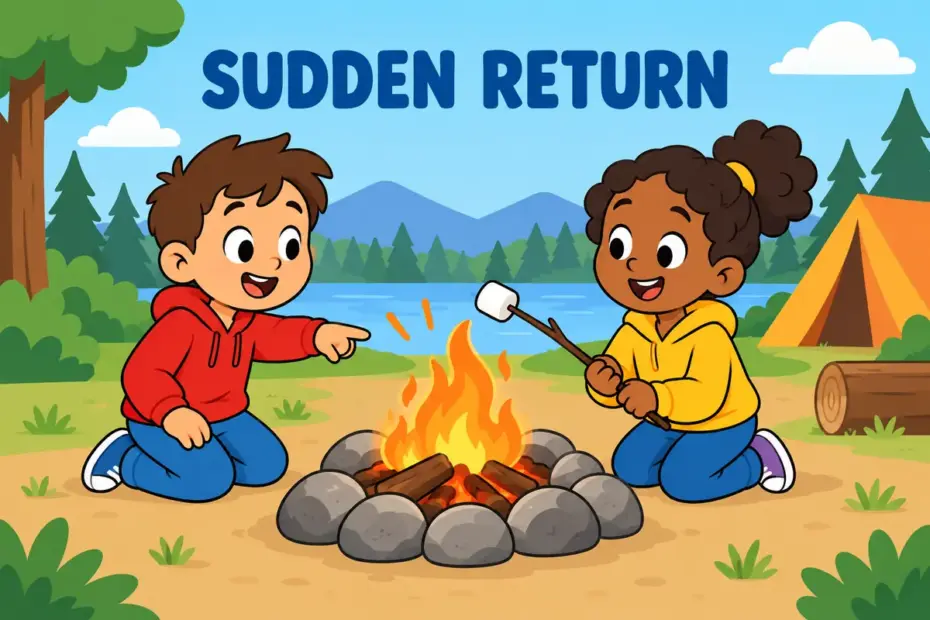 Cartoon children watch small flames leap up again around a campfire after dying down, showing flare up in a sentence as a sudden return.