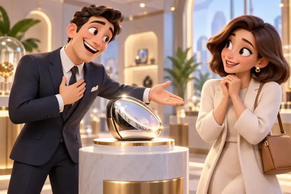 A salesperson lavishly praises a customer while presenting a shiny product.