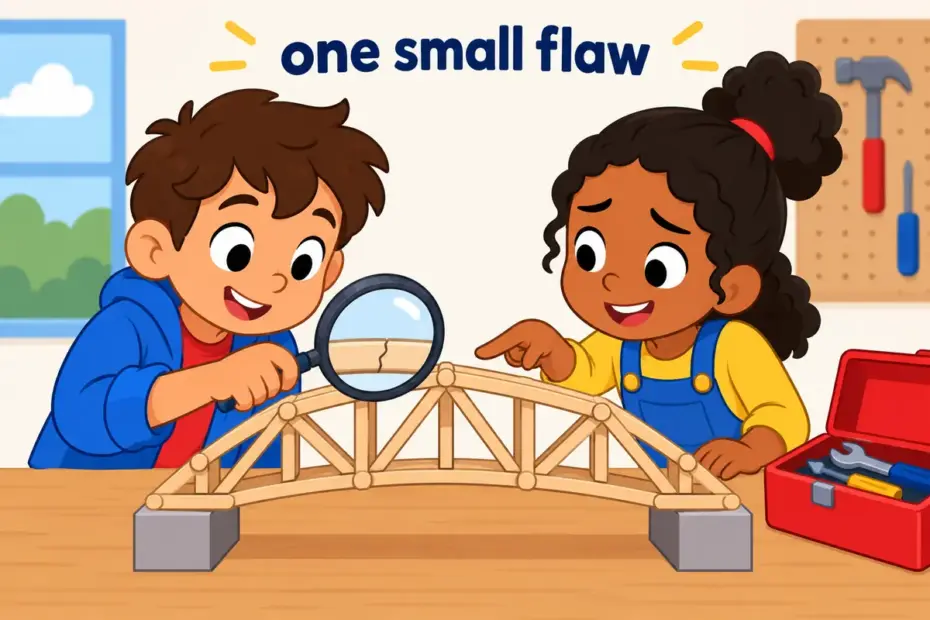 Cartoon children inspect a model bridge and spot one small crack, showing flaw in a sentence as a hidden weakness.