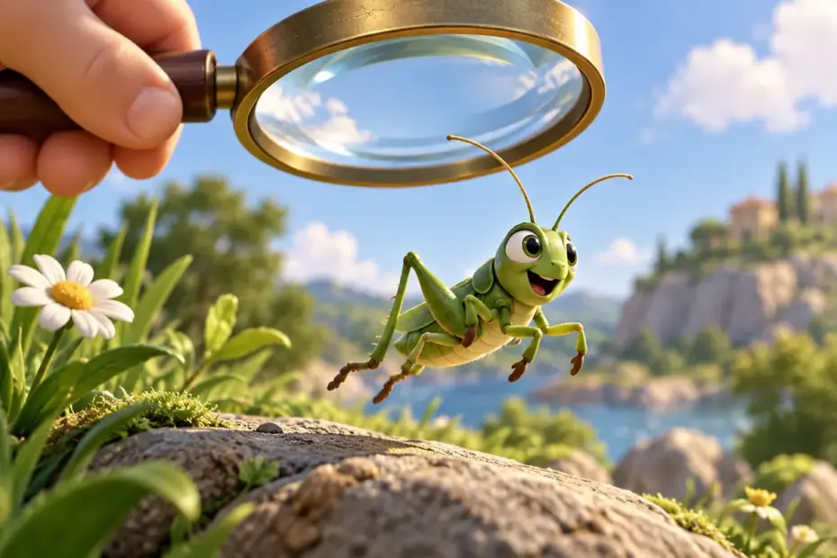 A magnifying glass rests above an illustrated jumping insect.
