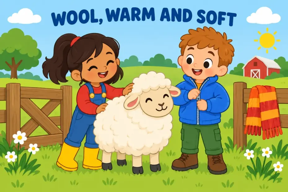 Cartoon children stroke a fluffy sheep and zip up warm fleece jackets on a chilly farm visit.