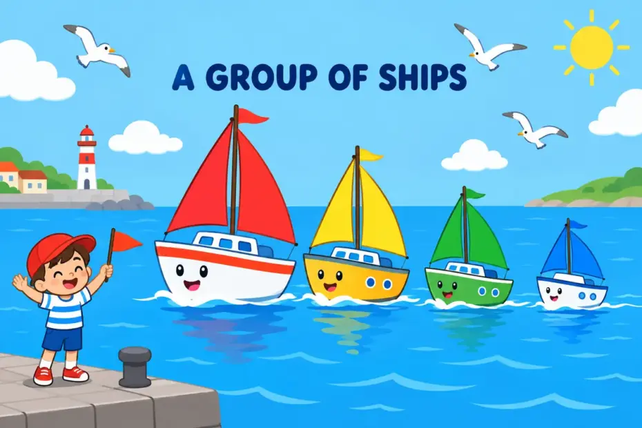 Cartoon boats sail together in a line on the sea, showing fleet in a sentence as a group of ships moving as one.