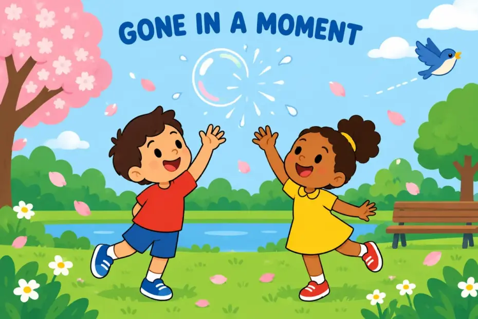 Cartoon children watch a soap bubble burst in the air, showing fleeting in a sentence as a moment that passes quickly.