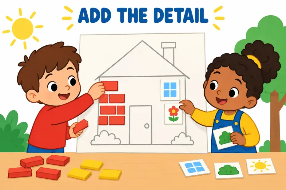 Cartoon children add bricks to a sketch of a house, showing flesh out in a sentence as adding detail to an idea.