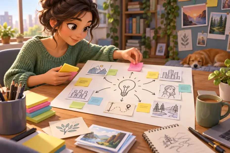 A writer adds sketches and detail cards to develop a simple outline.