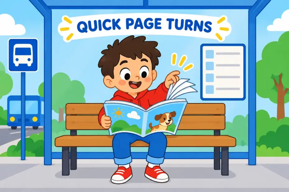 A cartoon child turns the pages of a magazine very fast at a bus stop, showing flick through in a sentence as quick browsing.