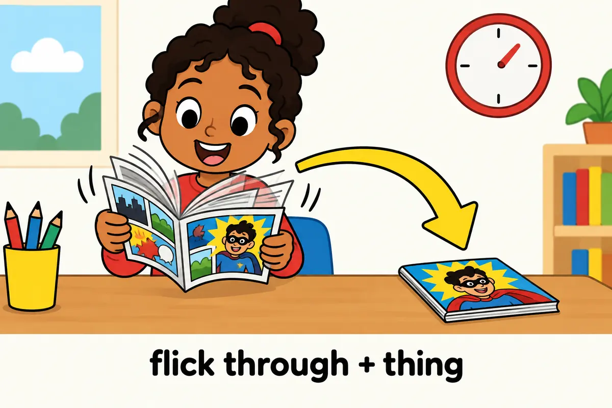 A cartoon child turns the pages of a comic very quickly while a clock shows only a moment passing, showing the object after the verb.