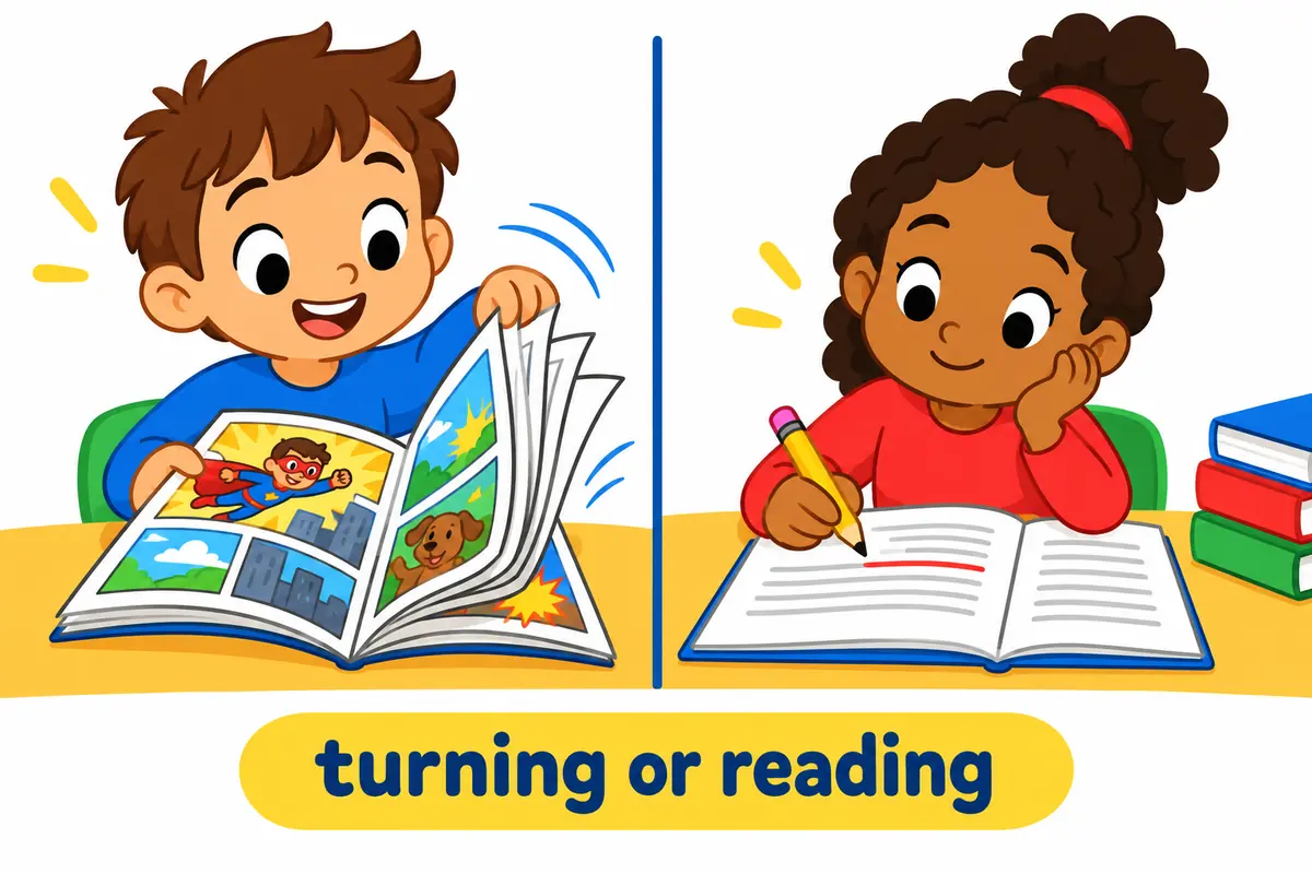 A cartoon split scene contrasts a child quickly turning comic pages with a child slowly reading a report and marking key lines.