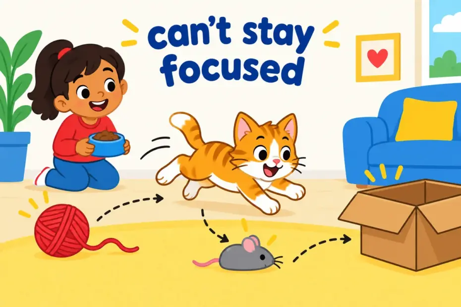 A cartoon kitten darting between toys shows a flighty character that cannot settle on one activity.