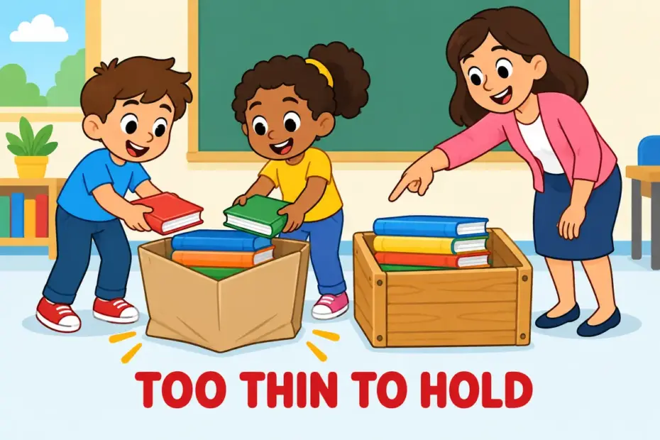 Cartoon children watch a sagging cardboard box bend under books, showing flimsy in a sentence as too weak to hold.