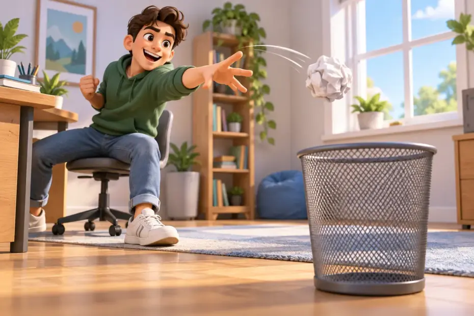 A person flings a rolled paper ball toward an empty basket.