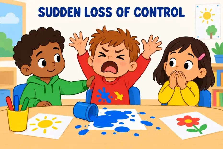 Cartoon children react strongly to a spilled paint pot, showing flip out in a sentence as a sudden burst of emotion.