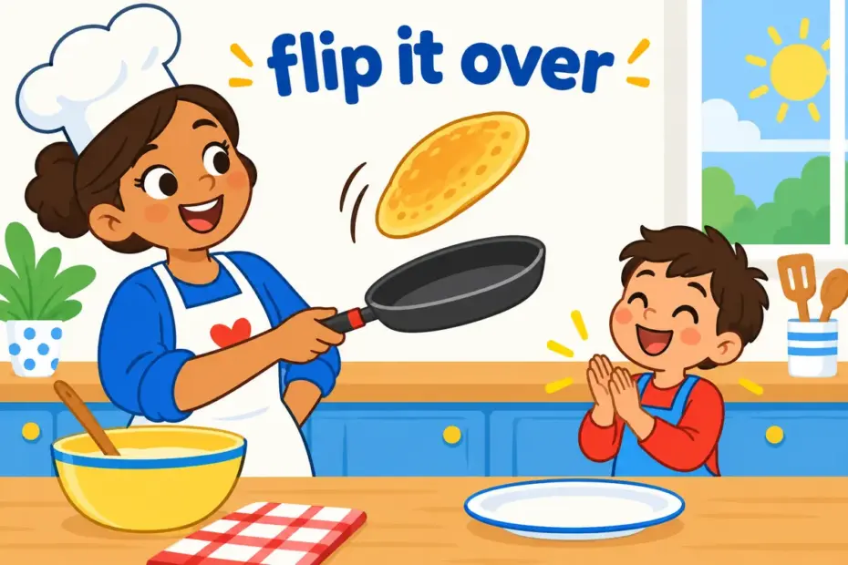 Cartoon cook flipping a pancake over in a bright kitchen, showing flip over in a sentence.