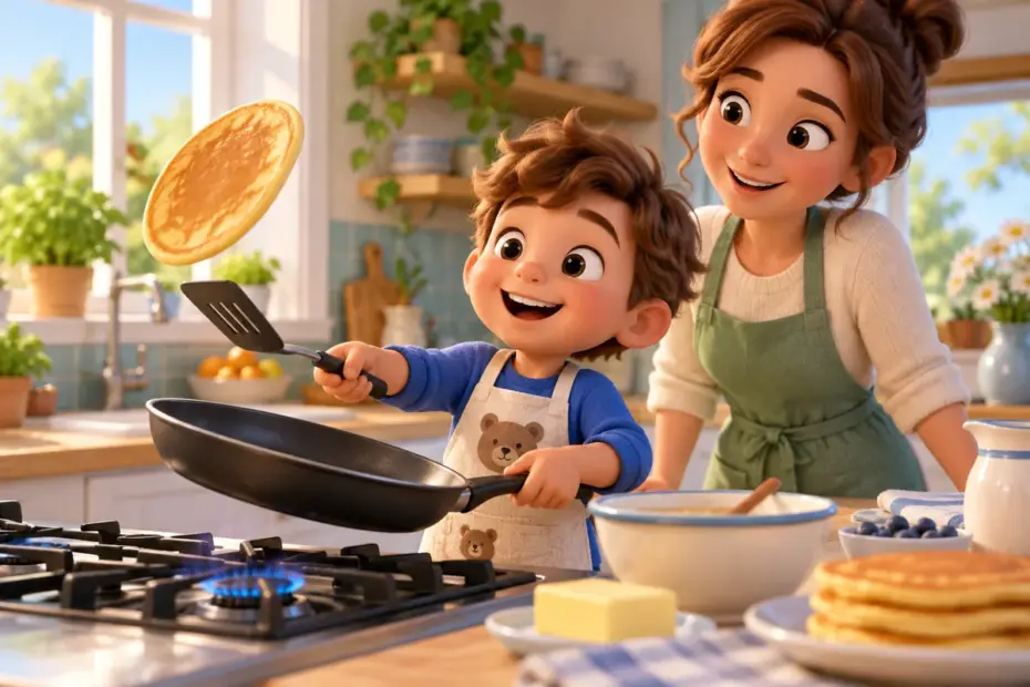 A child flips a pancake with a spatula in a bright kitchen.