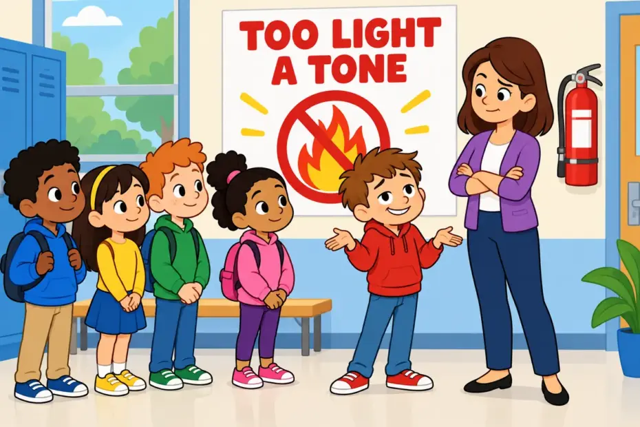 Cartoon pupils stand solemnly at a fire-safety assembly while one child makes a flippant joke and the teacher frowns.