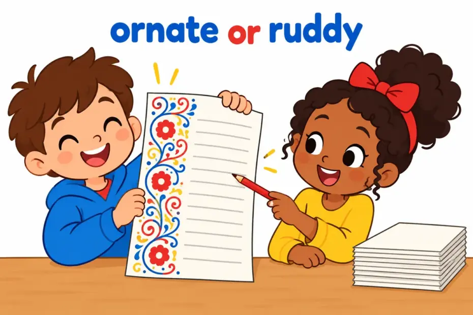 Cartoon child reads a page covered in swirling decorations, showing florid in a sentence as heavily ornamented style.