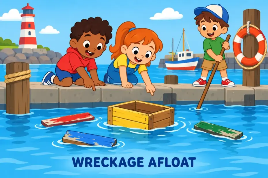 Cartoon children study floating planks and crates in a water tray, showing flotsam in a sentence as wreckage drifting after a wreck.