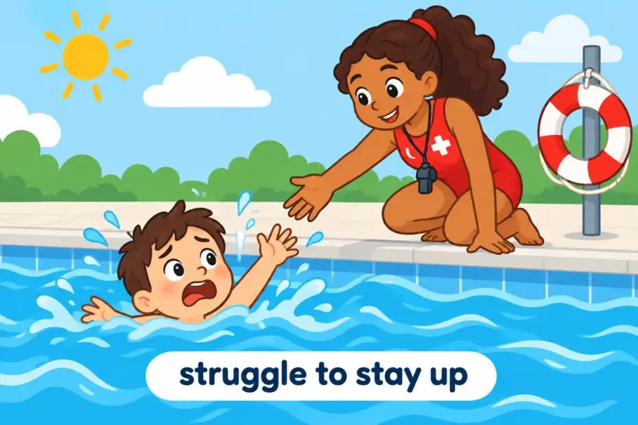A cartoon swimmer flounders in choppy waves while a lifeguard reaches out, showing flounder in a sentence as clumsy struggling.