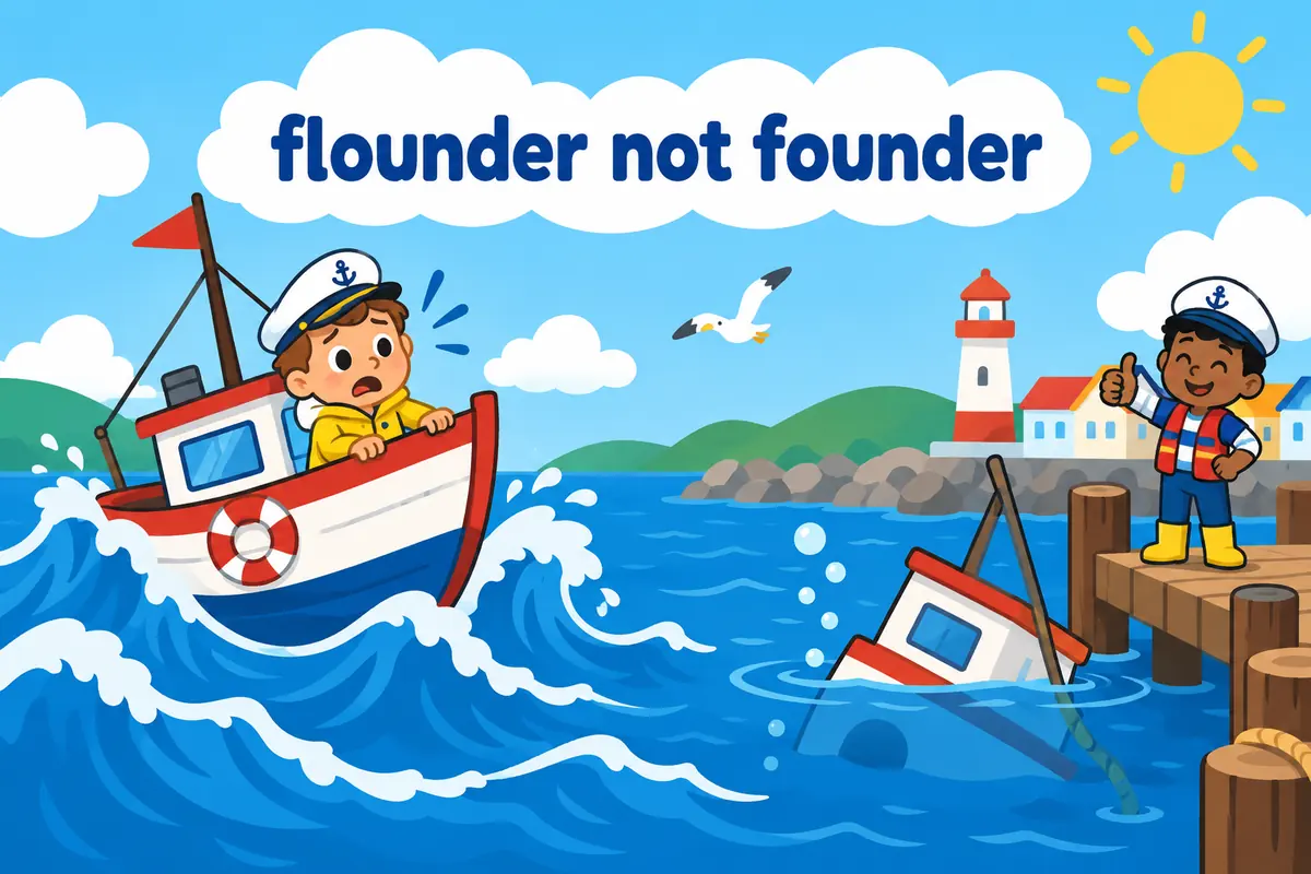 A cartoon boat tosses on waves while a nearby sign compares the struggling verb with the sinking verb.
