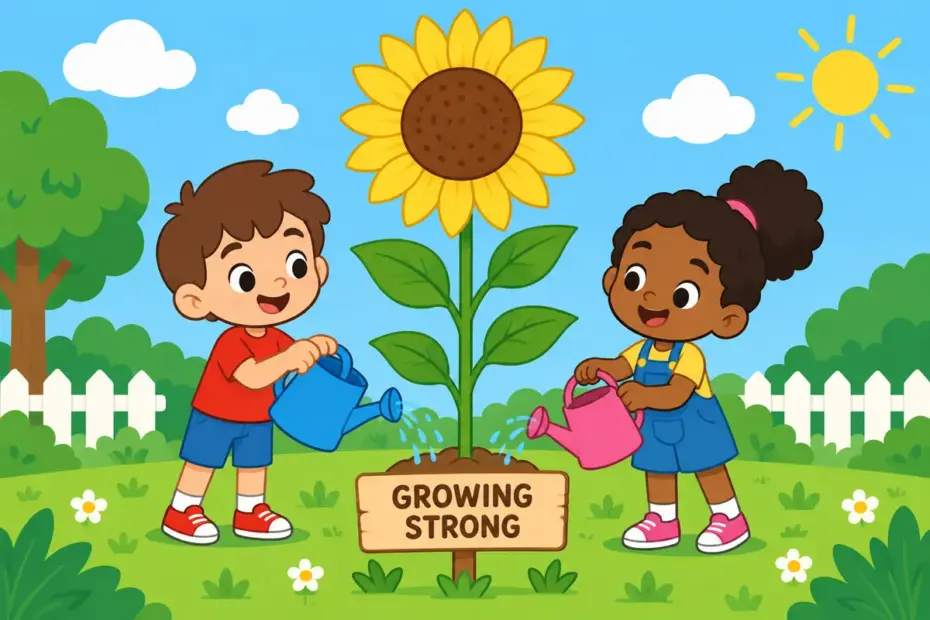 Cartoon children tend a tall sunflower in a bright garden, showing flourish in a sentence as strong healthy growth.