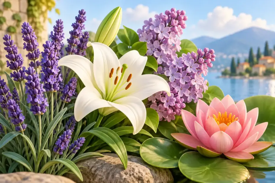 A bouquet displays lavender, lily, lilac, and lotus blooms.