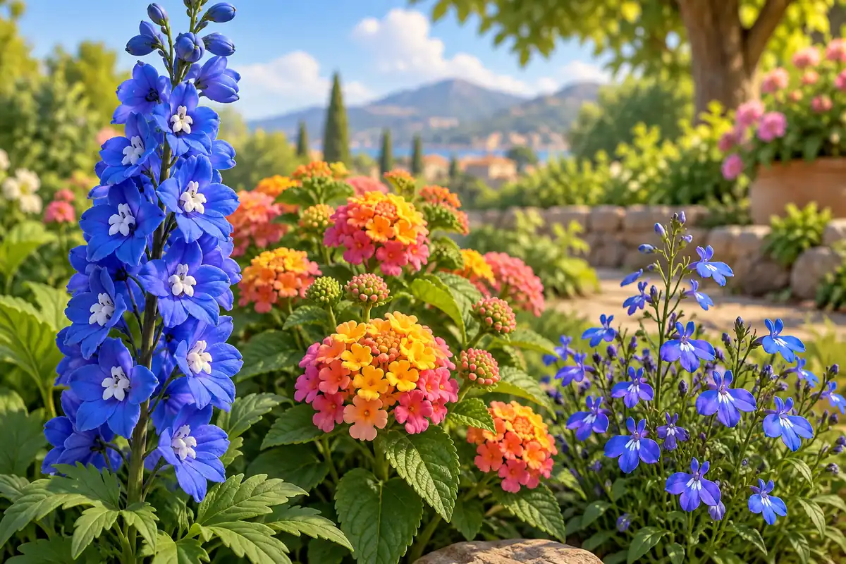 Larkspur, lantana, and lobelia show three different flower shapes.