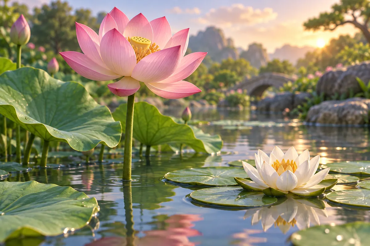 A lotus bloom rises above the pond beside a water lily.