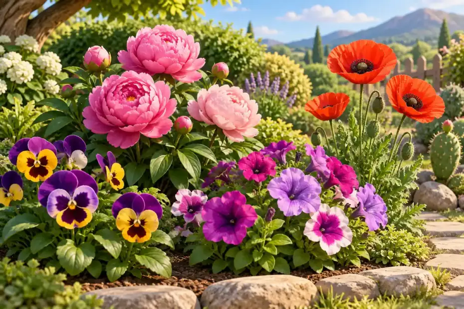 A colorful garden bed displays pansies, peonies, petunias, and poppies among green foliage.