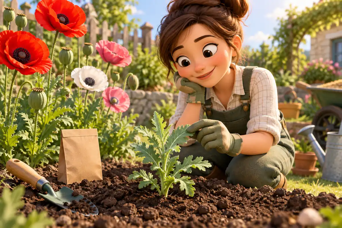 A gardener checks a young poppy plant beside a seed packet and loose garden soil.