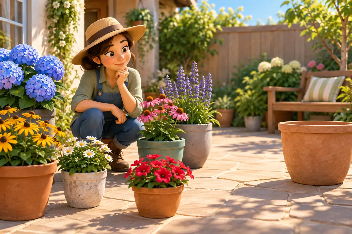 A gardener compares flowering plants in containers with attention to sunlight and available garden space.