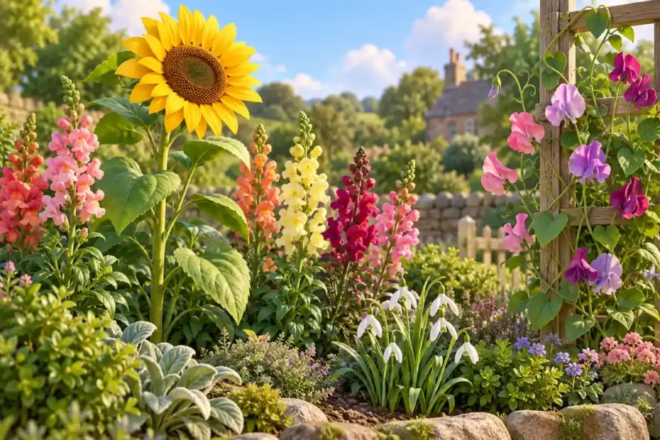 Sunflower, snapdragon, sweet pea, and snowdrop blooms grow in a garden border.