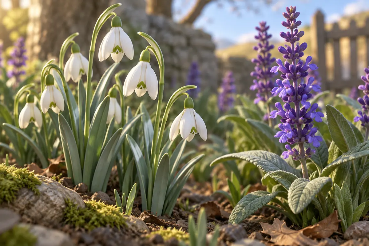 White snowdrops and a purple salvia spike grow among green leaves.