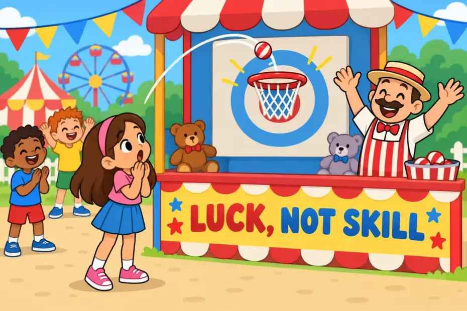 A cartoon child watches a careless thrown ball loop into a target, showing fluke in a sentence as a lucky result.
