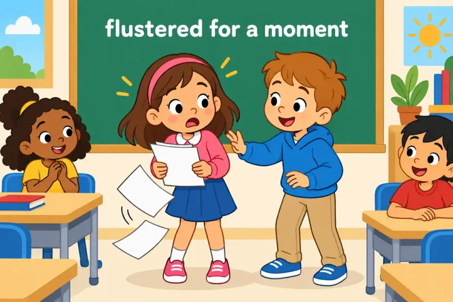 A cartoon pupil loses their place as papers flutter, illustrating fluster in a sentence as a brief case of nerves.