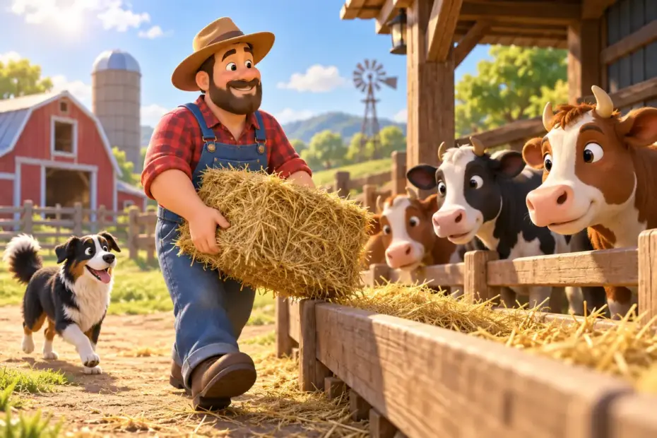 A farmer carries hay to cattle in a sunny farmyard.