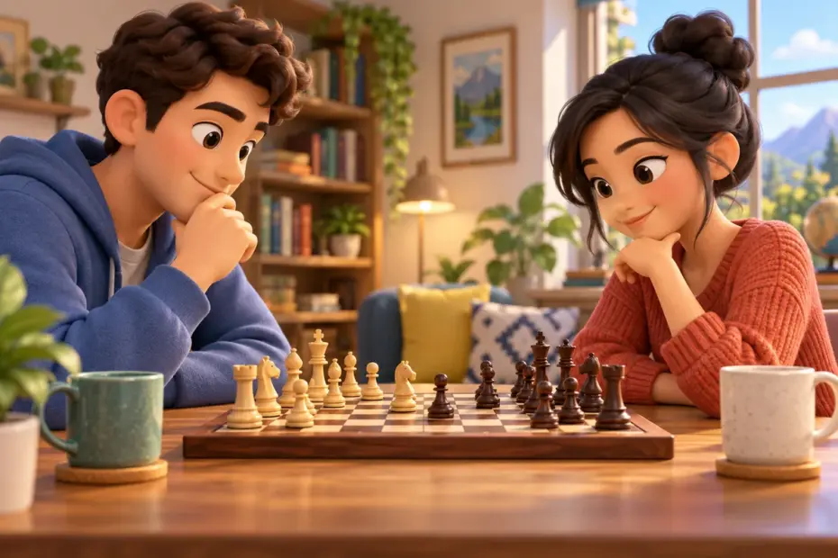 Two chess players consider their next moves across a board.