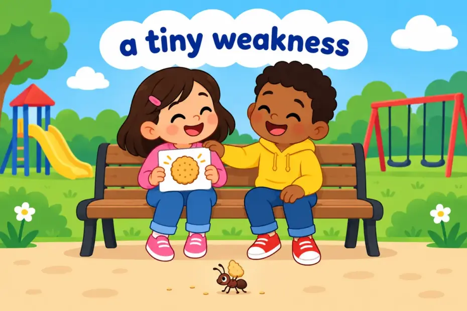 Cartoon friends smile as one child admits a small habit, illustrating foible in a sentence as a minor weakness.