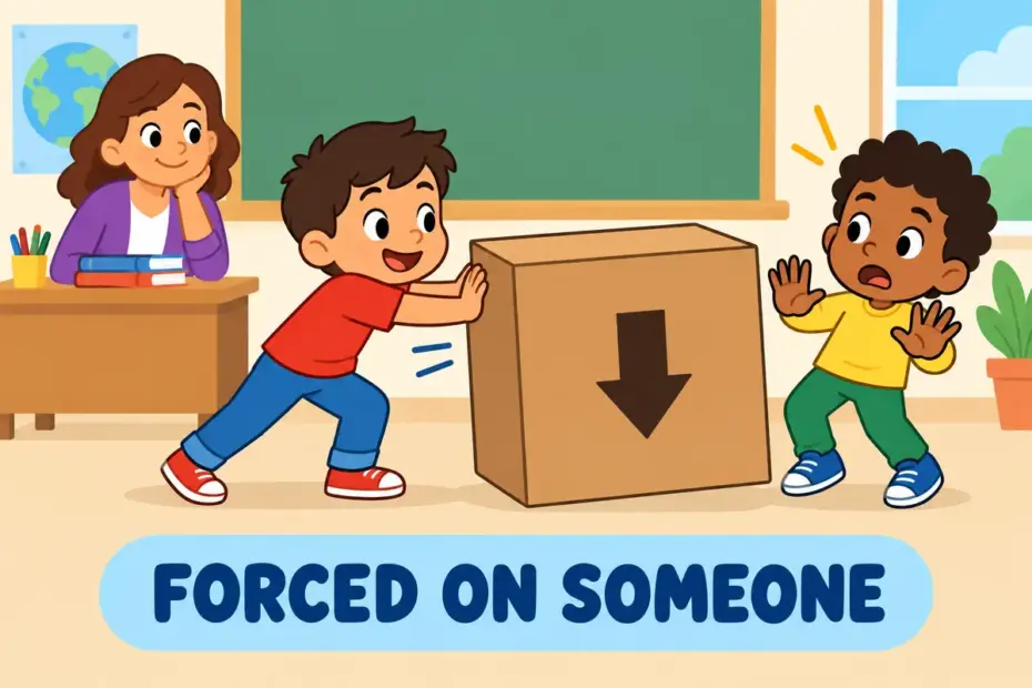 A cartoon child hands a heavy box to a reluctant classmate, showing foist in a sentence as forcing a burden.