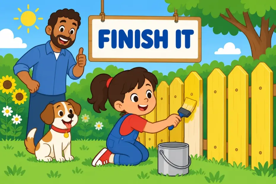 Cartoon child finishes painting a fence after the fun part ends, showing follow through in a sentence as completing a task.