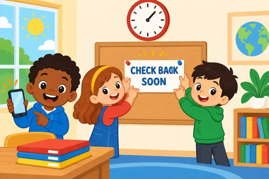 Cartoon pupils follow up a class project by checking a message board, showing follow up in a sentence as the next step.
