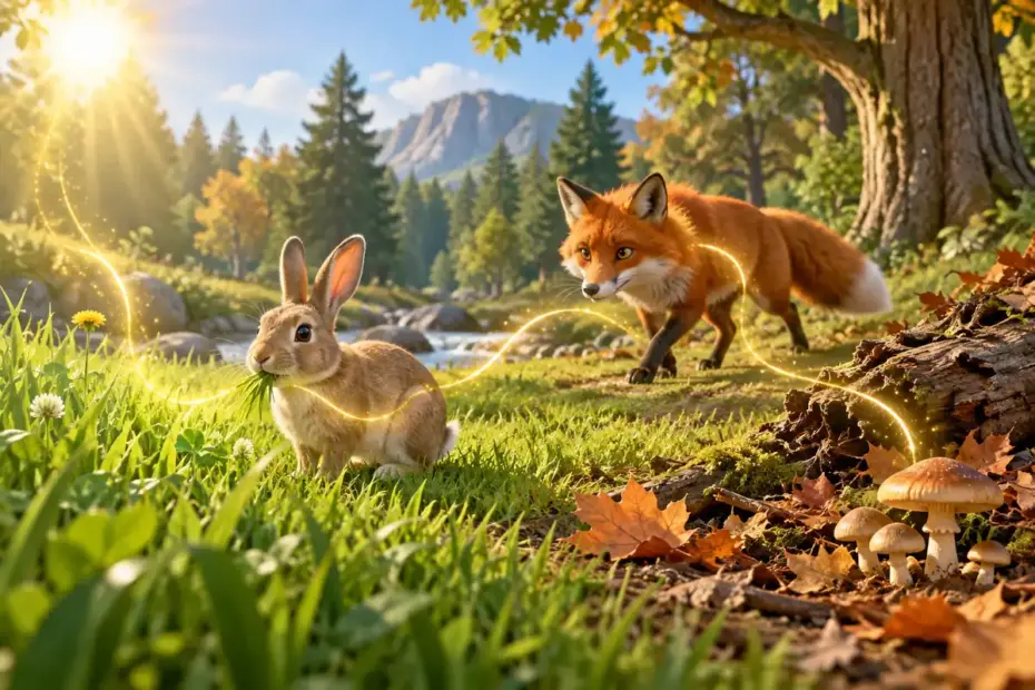 Grass, a rabbit, a fox, and mushrooms form a simple woodland feeding scene.