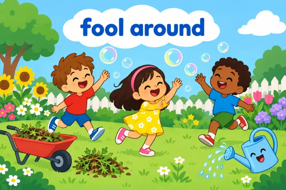 Cartoon children play and giggle in a garden instead of weeding, showing fool around in a sentence as playful, unserious behaviour.
