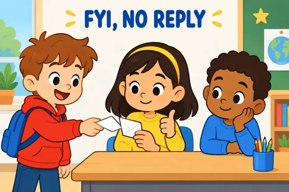 Cartoon pupils pass a folded note with a calm thumbs-up, showing for your information FYI as news needing no reply.
