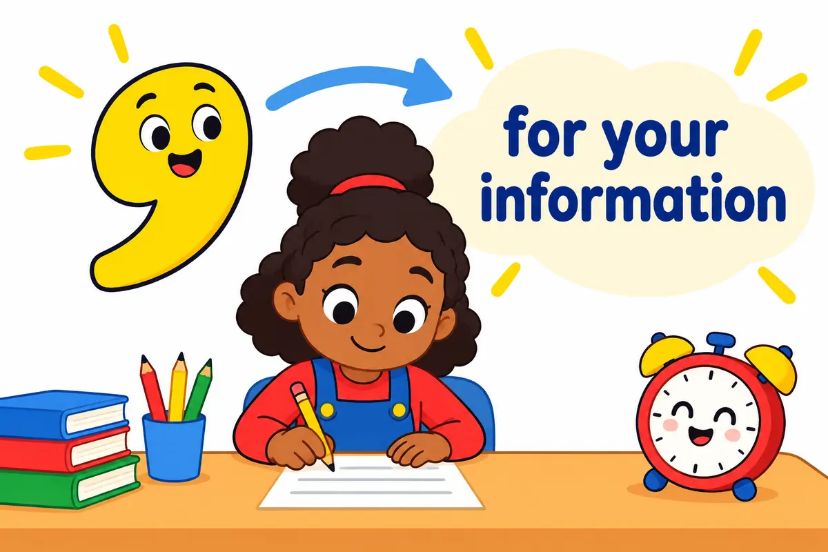 A cartoon child writes a note while a bright comma floats beside the opening phrase before a small clock.