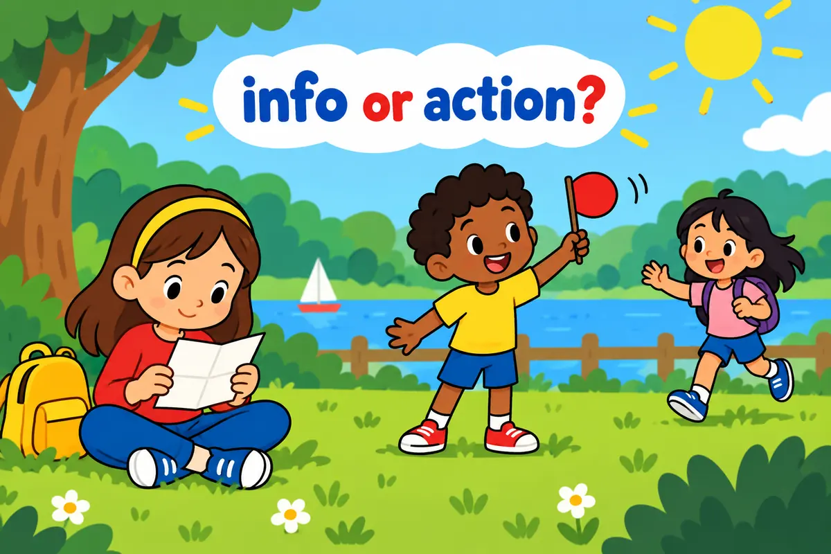 A cartoon single continuous scene contrasts a child quietly reading a note with a child waving a flag to call someone over.