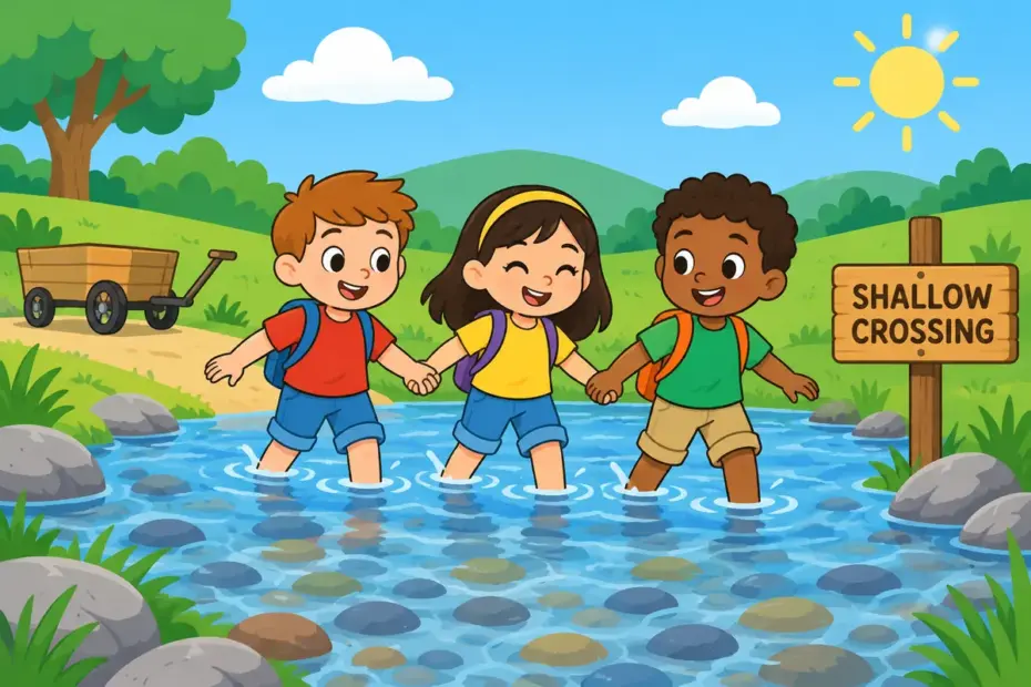 Cartoon children walk through a shallow stream at a marked ford, showing ford in a sentence as a natural river crossing.