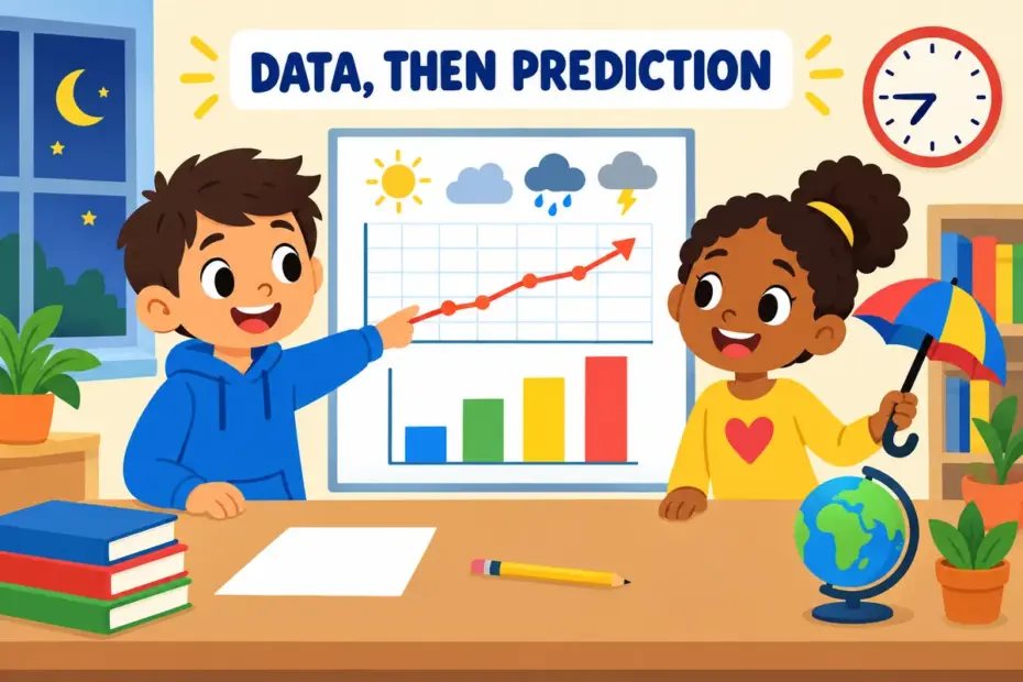 Cartoon pupils study weather and sales charts, showing forecast in a sentence as a statement built from data.