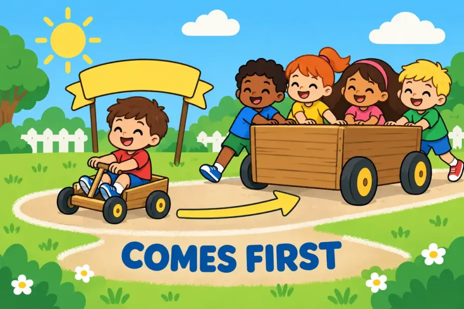 Cartoon children watch a small wooden cart lead a bigger one, showing forerunner in a sentence as the earlier thing that leads the way.