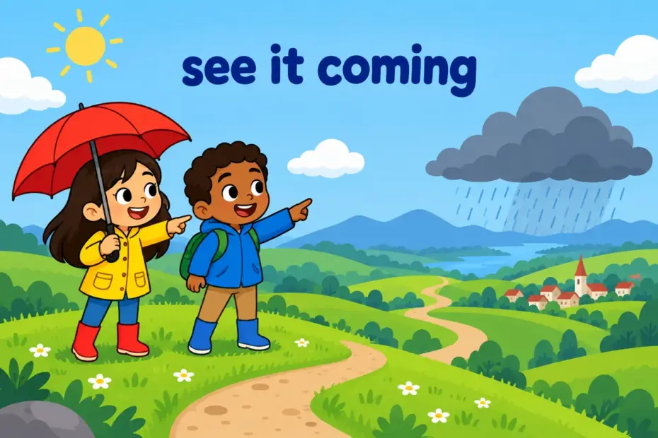 Cartoon children spot an approaching rain cloud early, illustrating foresee in a sentence as knowing the future.